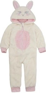 ONEZEE Kids Girls Hooded Sleepsuit White/Pink Fleece Jumpsuit Rabbit Sz.3-4 year - Picture 1 of 4
