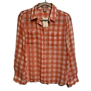 Banana Republic Womens Blouse Sheer Loose Fit Long Sleeves M Orange Peach White - Picture 1 of 5
