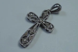 14K White Gold "Cross" Pendant with Diamond Chips - Picture 1 of 4