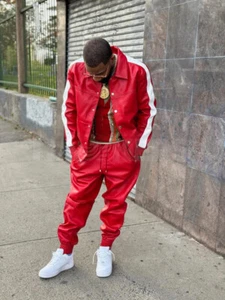 Men's 100% Real Leather Jogging TrackSuit ,Workout Jacket+Pant ,Full Set - Picture 1 of 4