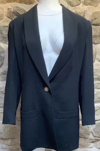 Vintage Frank Usher Blazer 12 Black Longline Gold 1 Button Shoulder Pads - Picture 1 of 10