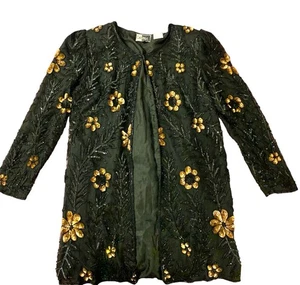 Carina Vintage Damen Gold Pailletten 100% Seide Jacke Gr. M Urlaub Party Blumen Schwarz - Bild 1 von 14