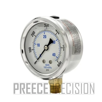 Liquid Filled Lower Mount Pressure Gauge with 2.5" Dial, 0-600PSI, 1/4"Male NPT - Image 1 of 3