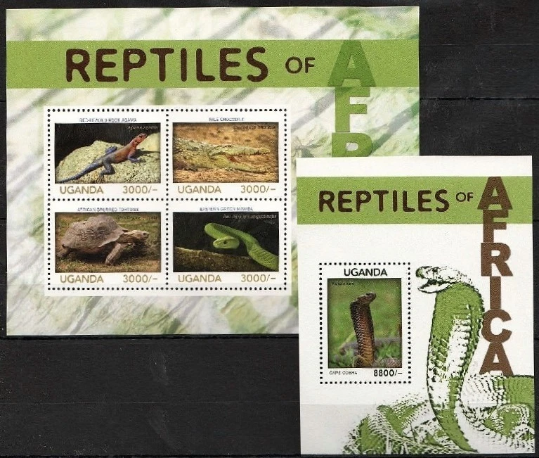 Uganda 2013 MNH SS+MS, Reptiles,, Snakes, Cobra, Lizard, Tortoise, Crocodile - Image 1 of 1