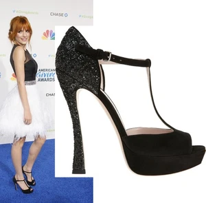 MIU MIU SHOES GLITTER HEEL T-STRAP SUEDE LEATHER PLATFORM SANDALS $690 39 / 9 - Picture 1 of 13