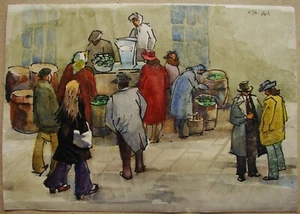 Ukrainian Soviet USSR watercolor Painting figure market people trade bazaar - Picture 1 of 5