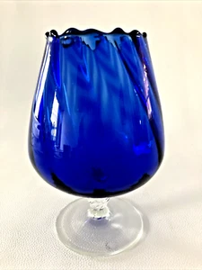 Empoli Cobalt Blue Snifter Spiral Optic w Clear Applied Stem Art Glass 6.25" - Picture 1 of 7