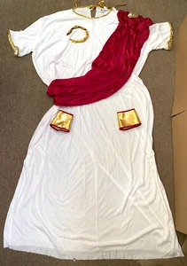 Roman Toga Costume Plus Size Julius Caesar White Robe Red Drape Gold Cuff Laurel - Picture 1 of 13