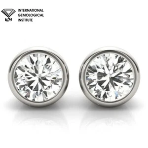 IGI Certified Lab Grown Round Cut Diamond Bezel Set Stud Earring in Gold - Picture 1 of 47