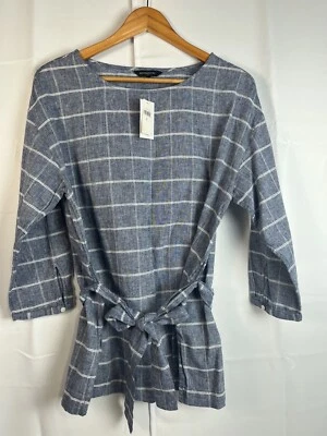 Blusa Camisa Banana Tepublic Mujer Lino Mezcla Algodón Azul Cuadros Cintura Corbata S  Foto 1 de 4