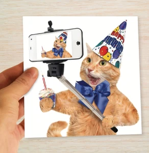 Divertida tarjeta de cumpleaños de gato fiesta jengibre gato selfie cupcake ¡envío rápido! - Imagen 1 de 10