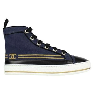 Chanel 19C Blue Denim Black Gold CC Platform Lace High Top Trainer Sneaker 39.5 - Picture 1 of 10