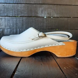 Clogs Women's Hand Made Wooden Sole 100% Natural Leather Upper Size 7 White Z1 - Picture 1 of 7
