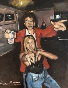 original impressionistisches Gemälde Figurativ Nocturne Jugend Nachtleben Party signiert - Bild 1 von 3