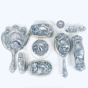 Unger Brothers Sterling Silver 9 Piece Vanity Dresser Set Mirror Brush Jar - Picture 1 of 11