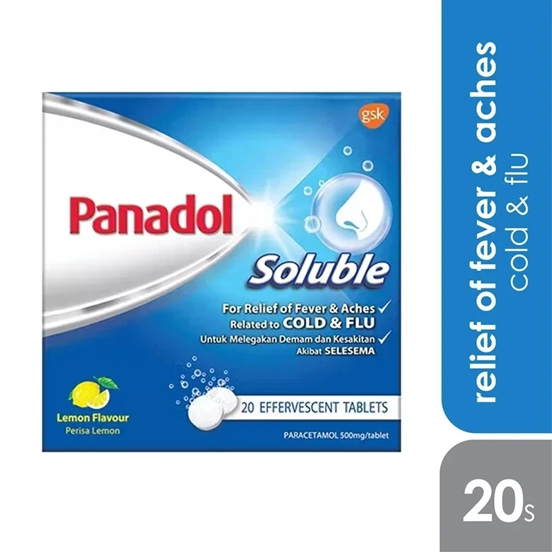Panadol Soluble 20's Fast Relief of Fever & Aches Cold and Flu. Lemon Flavour
