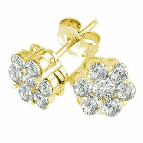 14K YELLOW GOLD 2CT Round White Simulated Sapphire Cluster Push Back Earrings - Image 1 of 1