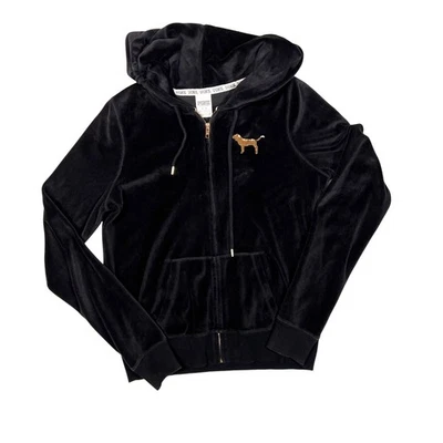 Victorias Secret PINK Hoodie Sequin Velour Womens Medium Black Bling Y2K Logo - Image 1 of 4