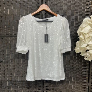 Cable & Gauge White Sequin Puff Sleeve Blouse Size Small NWT - Picture 1 of 7