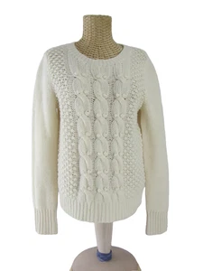 J Crew Womens Medium Ivory Hand Knit LS Bobble Cable Pullover Sweater Lambswool - Picture 1 of 7