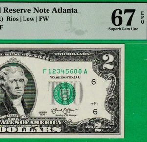 $2 TWO DOLLAR Federal Reserve note LADDER Serial Numbers 1-2-3-4-5-6-8-8 PMG 67 - Picture 1 of 3