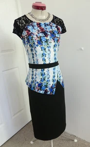 MEI MEI Black Blue White Floral DRESS Size Aus 18 Lace Party Wedding Cocktail - Picture 1 of 6