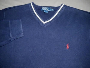 Men's Polo Ralph Lauren Navy Blue Pull Over Knit Cotton V-Neck Sweater Medium - Picture 1 of 6