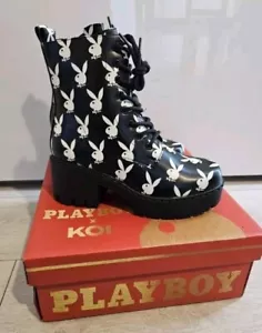 Koi X Playboy Bunny Logo Boots black cream shoes military Vegan faux leather UK3 - Picture 1 of 6