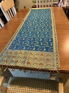 Table Runner From India.Hand Woven Silk 22x70”. Blue/Metallic Gold. No Flaws!