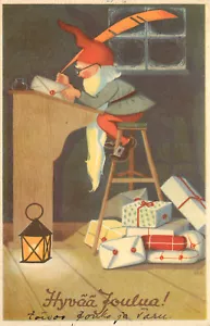 Finnish Christmas Postcard Elf at Writing Desk With Letter and Gifts - Picture 1 of 2
