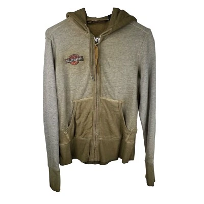 Vintage Harley Davidson Hoodie Size Medium Biker Winged Zipper French Terry Khak - Image 1 of 4