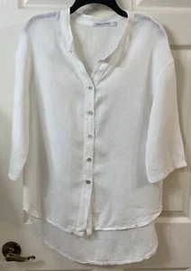 TEMPO PARIS 100% Leinen Tunika S/M weiß Knopfleiste 3/4 Slv Lagenlook hoher tiefer Saum - Bild 1 von 13