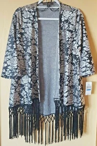 NWT $68 FEVER Size XL Black White Floral Textured Duster Cardigan Fringe Boho - Picture 1 of 9