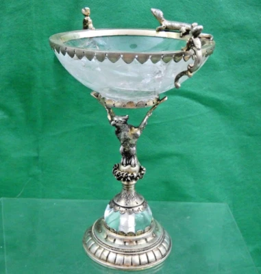 PRECIOSA PLATA - CRISTAL DORADO/ROCA TAZZA ANTIGUA FIGURA ALEMANA ÁGUILA LAGARTO  Foto 1 de 4