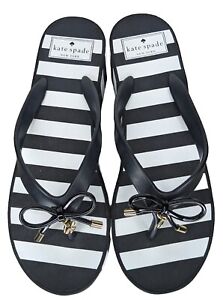 KATE SPADE Rhett Wedge Thong Sandals  Black & White W Stripes Flip Flops Sz 8