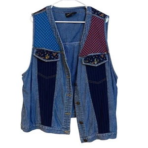 Vintage 90’s Soft Denim Patchwork Colorful Paisley Bohemian Vest Size Large - Picture 1 of 9