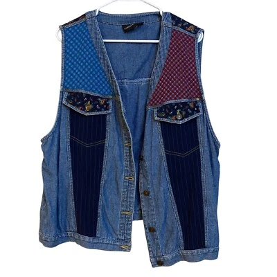 Vintage 90’s Soft Denim Patchwork Colorful Paisley Bohemian Vest Size Large - Image 1 of 4
