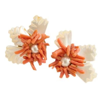 Antique Coral Carved Mother of Pearl Shell Peach White Wing Clip On Earrings - Image 1 of 4