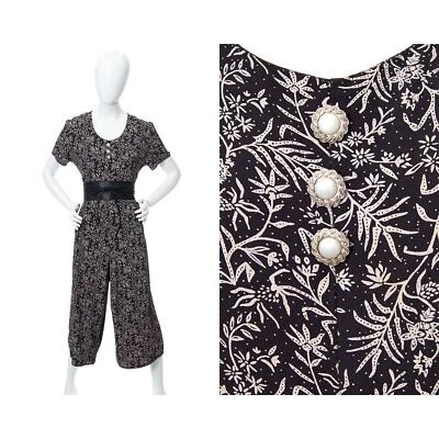 Macacão vintage década de 1990 anos 90 Ditsy estampa floral preto rayon perna larga Palazzo - Imagem 1 de 4