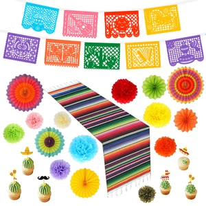 Mexican Themed Party Decorations Cinco de Mayo Set Banner Table Runner Paper Fan - Picture 1 of 12