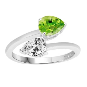 Ehering 1,50 kt Birnenschliff natürlicher Peridot 14 Karat Weißgold vergoldet 925 Bypass - Bild 1 von 5