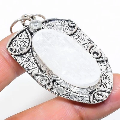 Selenite, pietra preziosa topazio bianco 925 ciondolo gioiello in argento ste... - Immagine 1 di 4