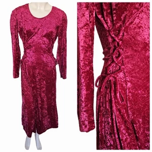 Vintage 90s Crushed Red Velvet Midi Dress Peasant Whimsigoth Goth Fairy Grunge M - Bild 1 von 14