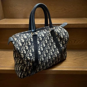 Christian Dior Trotter Boston Bag Beige Navy Jacquard Vintage USED From JP 1123B - Picture 1 of 12