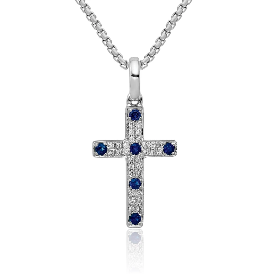 14K Solid White Gold Diamond Blue Sapphire Cross Necklace - Image 1 of 1