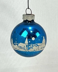 Vintage Shiny Brite Blau Stille Nacht Kirche Schablone Glas Weihnachtsschmuck  - Bild 1 von 7