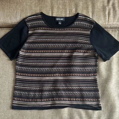 Pulôver feminino KASPER Knits tamanho G marrom preto listrado manga curta - Imagem 1 de 4