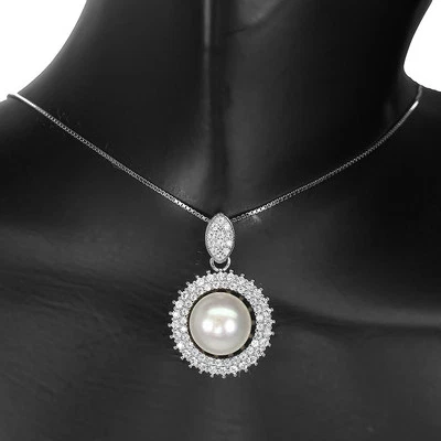 925 Sterlingsilber Halskette Runde Perle 10mm Natürlich Schmuck 1 - Bild 1 von 4