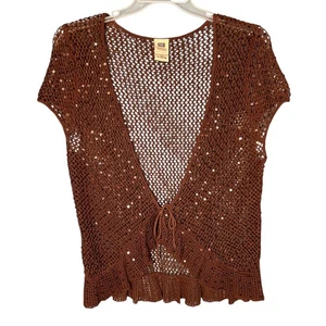 Y2K FADED GLORY Pailletten Cardigan Top Gr. XL braun offen zum Binden Häkel Fee Boho - Bild 1 von 8