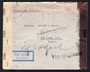 SWEDEN 1943 Dual Censored Cover to USA. Meter Cancel with Flag - Picture 1 of 2